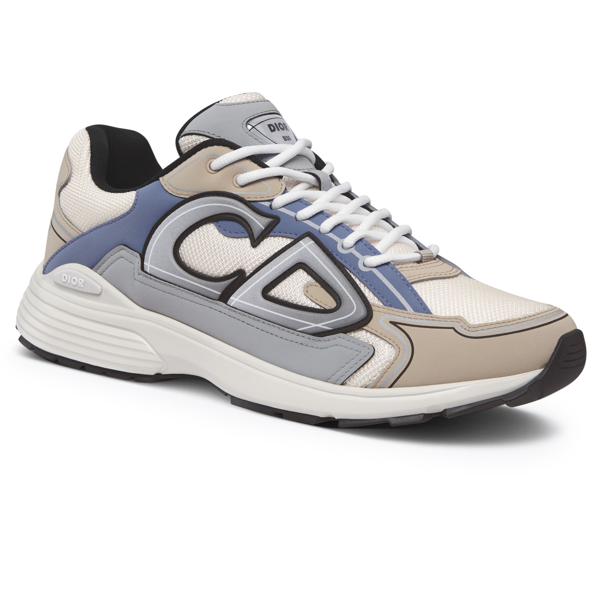 Front side view of Dior B30 Cream Beige Blue Grey Trainer 3SN279ZRB_H111